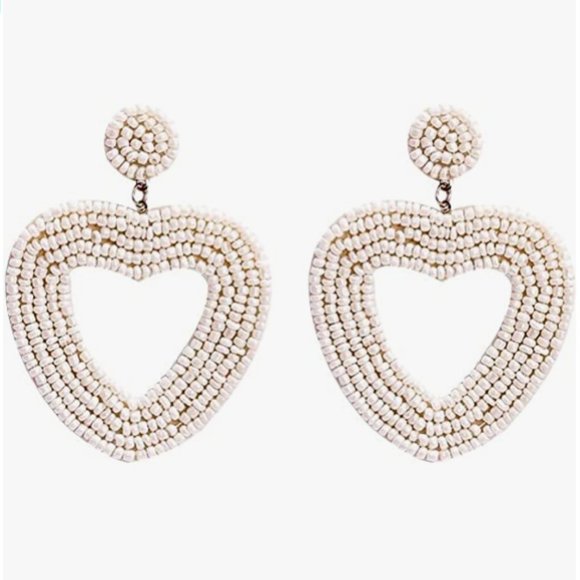 2.5" Handmade Large White Heart Beaded Earrings Beads Handmade - Picture 1 of 4